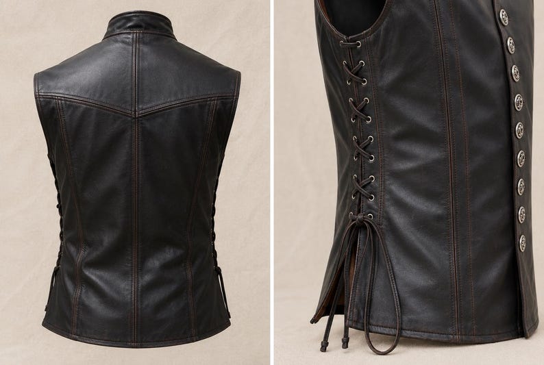 May include: A dark brown leather vest with a stand-up collar and decorative stitching. The vest has a lace-up closure on the sides and a button-up front. The leather has a distressed appearance.