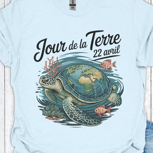 T-shirt Jour de la Terre, Franstalig shirt Earth Day, kaart zeeschildpad Earth Globe, koraal tropische vissen, shirt 22 april Quebec G6P