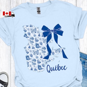 Maglietta con mappa del Quebec, graziosa maglietta con fiocco Coquette Toile de Jouy, maglietta del Quebec per San Giovanni Battista, maglietta da donna, regalo per la mamma, maglietta femminile G6P