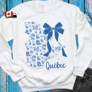 Felpa con mappa del Quebec, graziosa felpa con fiocco Coquette, Toile de Jouy, maglietta del Quebec per San Giovanni Battista, felpa da donna, regalo per lei G6P
