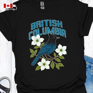 British Columbia Shirt for Travel Souvenir,  BC T-Shirt w/ Provincial Flower & Bird, Pacific Dogwood Steller&#39;s Jay Tee for Bird Watcher Gift