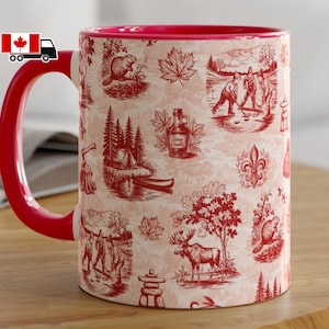 Boutique en ligne au Canada, tasse à café en toile de Jouy, thé, chocolat chaud, chinoiseries rouges, symboles du Canada, feuille d'érable, hockey, castor, orignal, oie