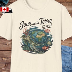 Jour de la Terre T-Shirt, französischsprachiges Earth Day Shirt, Meeresschildkröten-Erdkugelkarte, Korallen-tropischer Fisch, 22