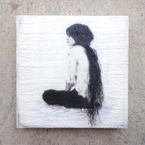Encaustic Portrait Art, black & white Wall Art, Minimalist Girl Figure, Original Encaustic Artwork, Wall Decor 10x10, Monochrome Wax Art