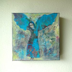Blue Abstract Figurative Art, Original Acrylic Painting, mini-Angel on canvas 8x8