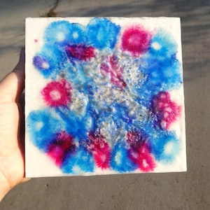 Mini Encaustic Wall Art, Textured Wall Art, Textured Encaustic, Abstract Blue Wax Art, Mixed Media Wall Art, 6x6 painting, Flower Art Decor