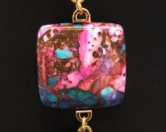 Double Square Spiny Oyster, Turquoise, and Copper Pendant Necklace