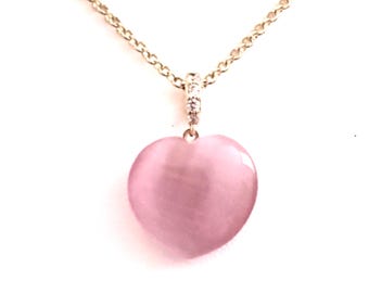 Small Pink Cat's Eye Heart Pendant Necklace