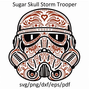 May include: A black and white illustration of a Stormtrooper helmet with a red and white sugar skull design. The helmet has a black visor and a black mouth piece.