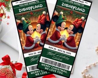 Mickey & Minnie Christmas Surprise Disneyland Ticket | Laminated Trip Reveal Gift | Holiday Keepsake