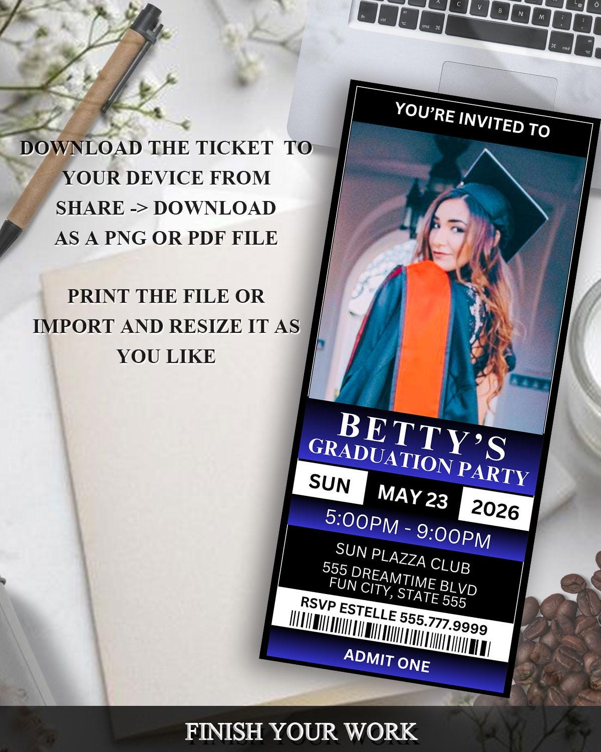 Professional Grad Tickets Editable Graduation Party Ticket Invitation – Printable Photo Grad ...
