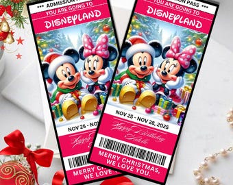 Mickey & Minnie Christmas Surprise Disneyland Ticket | Laminated Trip Reveal Gift | Holiday Keepsake