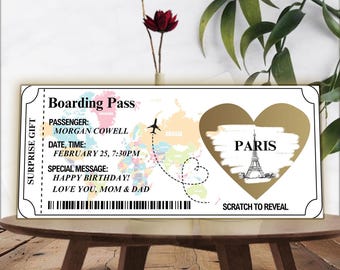 Personalized Scratch Reveal Boarding Pass, Surprise Holiday Destination Ticket