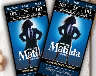Billet personnalisé pour le théâtre Matilda • Pass Broadway plastifié • Cadeau musical et souvenir