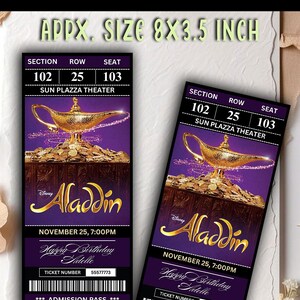 May include: Two Aladdin-themed tickets with a golden lamp design on a purple background. The tickets are approximately 8 x 3.5 inches. They include details like the theater name, date, time, and a ticket number.