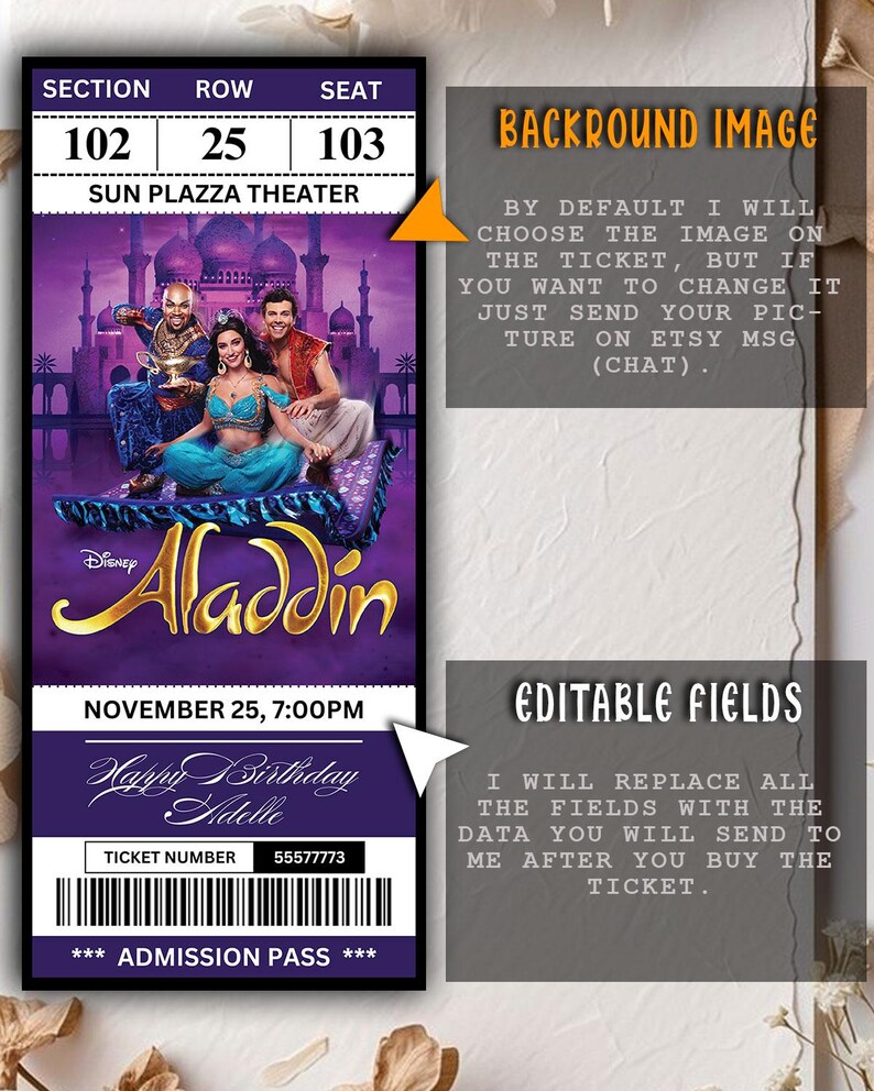 Aladdin Musical Ticket | Custom Laminated Theatre Keepsake ...
