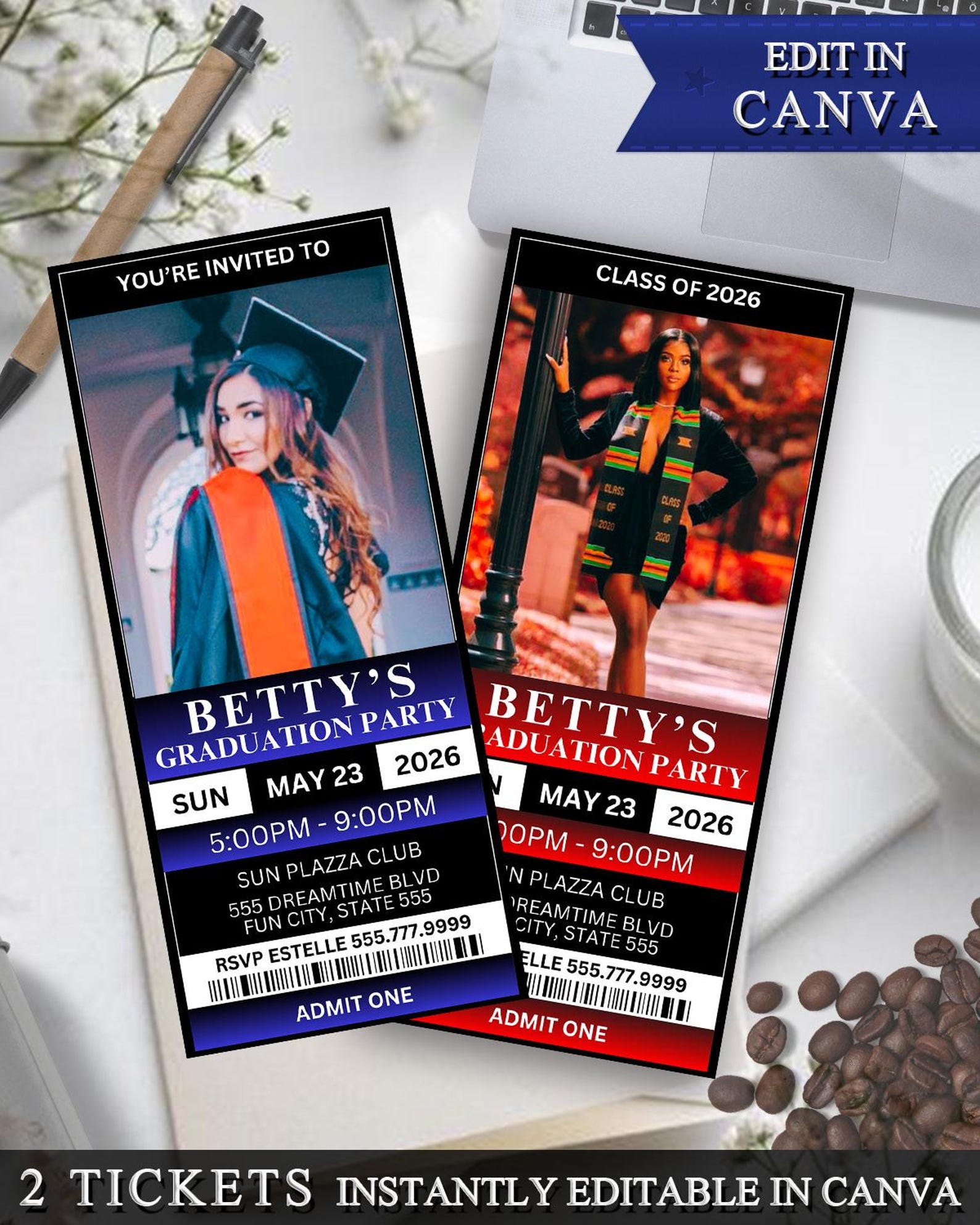 Professional Grad Tickets Editable Graduation Party Ticket Invitation – Printable Photo Grad ...