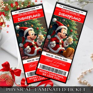 Billet surprise de Noël Mickey Mouse pour Disneyland | Révélation de voyage plastifiée | Souvenir des Fêtes