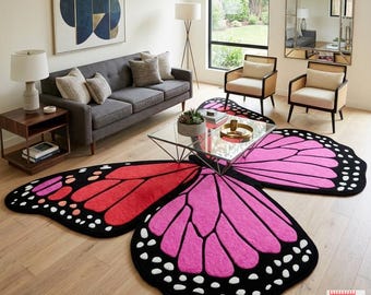 Hand-Tufted Butterfly Rug - Pink & Red Monarch Shaped Area Rug for Nursery, Kids Room Decor - 100 Wool Whimsical Aesthetic Floor Mat.