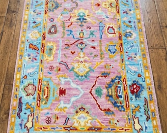 Hand-Knotted Oushak Rug - Pink and Blue Pastel Area Rug - Modern Traditional Turkish Style-Custom Size Artisan Rug for Living Room.