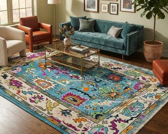Hand Knotted Oushak Wool Rug | Neutral Muted Area Carpet | Modern Turkish Style Living Room Floor Decor | Custom Size Artisan Handmade Rug.