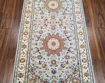 Hand Knotted Floral Runner Rug - Light Blue and Cream Wool Area Rug - Traditional Oriental Medallion Carpet for Hallway, kitchen.