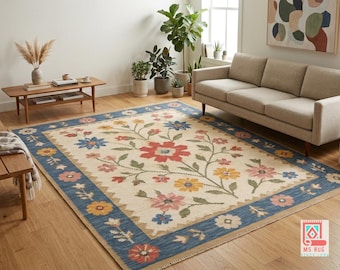 Pastel Floral Wool Area Rug, Vintage Style Flatweave Carpet, Hand-Woven Thick Wool Dhurrie, Colorful Botanical Rug for Boho Home decor.