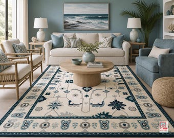Hand-Knotted Oushak Wool Rug | Ivory & Teal Turkish Style Area Rug | Geometric Floral Carpet for Living Room.
