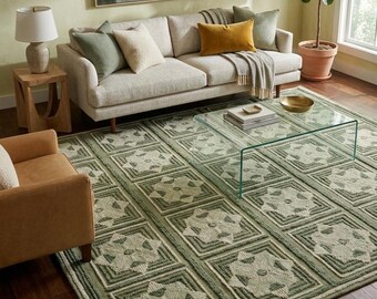 Handmade Green Oushak Rug, Hand-Knotted Wool Area Rug, Vintage Style Geometric Floral Living Room Carpet.
