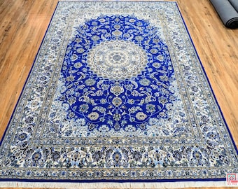 Hand Knotted Wool Silk Rug, Royal Blue Floral Area Rug, Large Medallion Living Room Carpet, Traditional Luxury Botanical Floor Decor.
