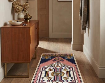 Handmade Turkish Runner Rug, Vintage Style Pink & Navy Blue Hallway Carpet, Geometric Anatolian Boho Area Rug for Entryway  Kitchen.