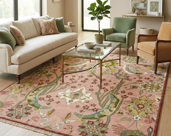 Blush Pink & Sage Green Peacock Garden Oushak Style Rug Hand Knotted Pink Botanical Traditional Floral Design Soft Wool Rug for Living Room.