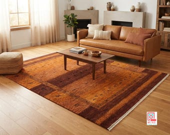 Hand-Knotted Wool Area Rug | Terracotta Abstract Stripe Carpet | Modern Tribal Bohemian Floor Covering | Thick Plush Boho Living Room Rug.