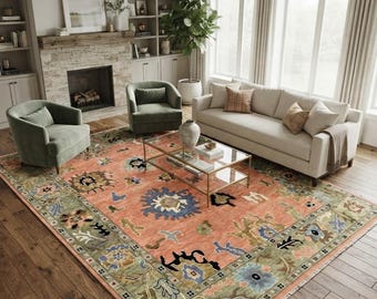 Peach Oushak Rug Hand Knotted Wool Area Rug Muted Floral Living Room Carpet Large Turkish Style Heritage Floor Covering.