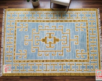 Hand-Knotted Wool Rug – Sky Blue Geometric Tibetan Design Area Rug