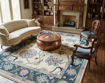 Hand Knotted Oushak Rug | Cream and Blue Floral Wool Area Rug | Large Living Room Carpet | Bespoke Transitional Anatolian Style Rug.