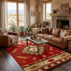 Puede incluir: Una alfombra rectangular con una base roja vibrante y un medallón geométrico central en tonos crema, beige y marrón. El borde presenta patrones intrincados en verde oliva, rojo oscuro y azul. Un logotipo en la esquina dice MS RUG SINCE 1994.