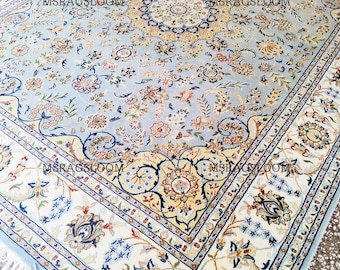 Hand-Knotted Nain Rug | Light Blue Persian Area Rug | Traditional Wool and Silk Carpet | Premium Quality I Oriental Home Decor 6X9,8X10,9X12