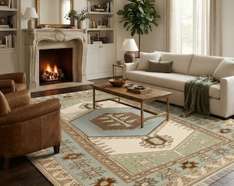 Handmade Oushak Rug, Blue and Beige Wool Area Rug, Vintage Style Traditional Turkish Rug -  Hand Knotted Living Room Carpet.