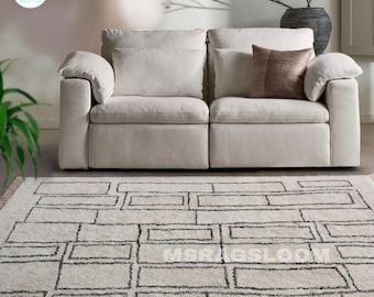 Modern Abstract Moroccan Rug, Hand Knotted Cream Wool Rug, Geometric Beni Ourain, Custom Berber Rug, Neutral Scandi Decor, High Pile Shag.