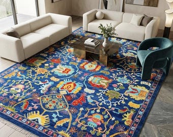 Handknotted Oushak Rug 8x10, Vibrant Blue Modern Area Rug,Colorful Floral Hand Knotted Wool Rug for Living Room,Large Eclectic Turkish Style