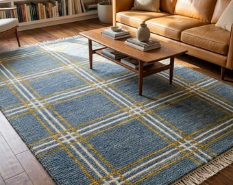 Handknotted Blue Plaid Wool Rug - Modern Checkered Area Rug - Mid Century Modern Blue & Mustard Handmade Rug - Scandi Boho decor.