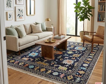 Handknotted Navy Blue Oushak Wool Rug - Vintage Turkish Style - Abstract Floral Pattern- Oriental Area Rug for Living Room.