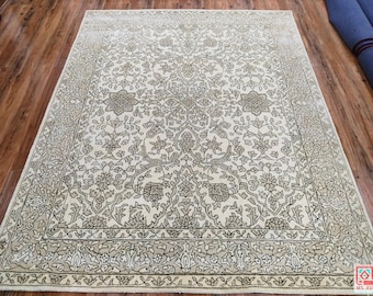 Tappeto tradizionale orientale in lana e seta, annodato a mano - Motivo floreale color crema e salvia - Lussuoso tappeto neutro per soggiorno e camera da letto.