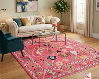 Exquisite Pink Oushak Rug, Hand Knotted Wool Area Rug, Vintage Style Floral Living Room Carpet, Custom Bohemian Decor Rug, Oushak Style Rug.