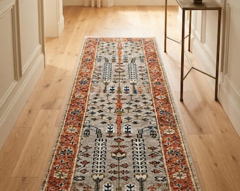 Hand Knotted Oushak Runner Rug | Rust and Grey Anatolian Hallway Rug | Vintage Style Long Corridor Rug for Entryway & Kitchen.