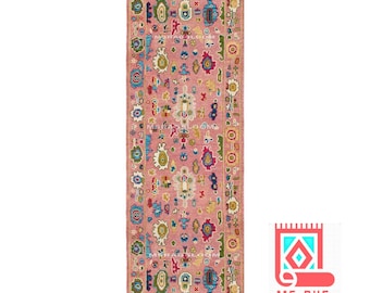 Alfombra de lana anudada a mano: Alfombra de pasillo estilo Oushak turco vintage rosa.