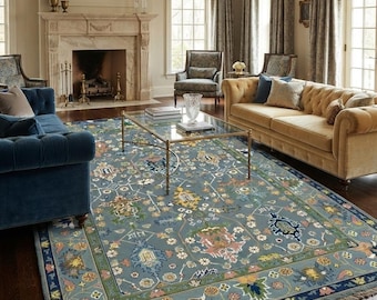 Handknotted Oushak Green Wool Rug | Large Area Carpet for Living Room | Vintage Style Traditional Floral Design.