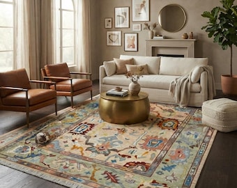 Handknotted Oushak Rug, Vintage Style Wool Area Rug, Muted Heritage Living Room Carpet, Transitional Boho Decor Rug.