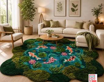 Hand-Tufted Koi Pond Rug | Nature Inspired Organic Shape Area Rug | Zen Garden Decor | Custom Wool Accent Rug.